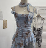 Fongt Shooting Retro Tie-Dye-Print Mesh Sling Sling Sling Vest Irregular Lotus Leaf Edge Ribbon Sleeveless Top 1185