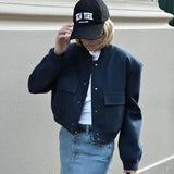 Fongt New Women's Fashion French Big Pocket Short Autumn Bomber Jacket Jacket