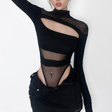 Black Hollow Out Bodysuit Mesh Patchwork Solid Full Sleeve See Through Bodycon Jumpsuit for Women Club Party Outfits Lady-Outfit