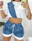 2023 Women's New Imitation Jeans Splicing Short Casual Suit Suit-Outfit