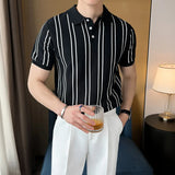 Fongt Summer High-End Short-Sleeved Men's Fashion Brand Striped Collar Ice Silk Knitted Half-Sleeved T-Shirt For Men