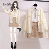 Women Sweet Korean Casual 3 Piece Set For Women Polo Collar Blouse+Knitted Cardigan+Midi Skirts Sets Female Outfits