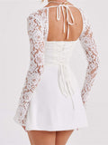 Elegant Women Mini Dress Long Sleeve Backless Hollow Out Low-cut Tie-up Lace Patchwork Cocktail Dress Female Vestidos-Outfit