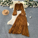 Fongt Wear With A Female Autumn Temperament Short Lantern Sleeve Shirt High Waist Hanging Feeling Open Skirt Two Sets