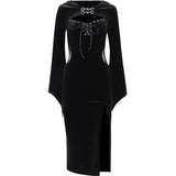Halloween New Women's Dress Suit Hat Horn Sleeve Spider Web Dress-Outfit