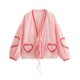 Spring Style Casual Loose Plaid Love Ribbon Lace Shirt-Outfit