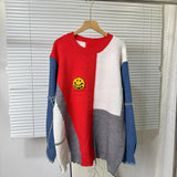Fongt And Winter Cowboy Sleeve Splicing Bumpy Smiley Face Loose-Fitting Sweater Round Collar Knitted Bottoming Shirt Woman