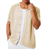 Fongt Men's Casual Knit Shirt Men's Summer New Solid Color Lapel Hollow Out Breathable Men's Short-Sleeved
