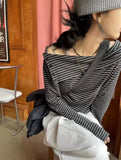 Gray Contrast Striped Tee Shirt Autumn New Lapel Neck Off Shoulder T-shirts Y2k Grunge Long Sleeve Tops Graphic T Shirts-Outfit