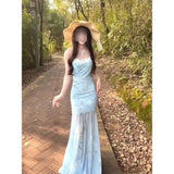Fongt Temperament Mint Manbo Green Mesh Sling Dress Female Lace Spliced High-Waisted Fishtail