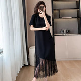 Fongt High-End Lace Splicing Dress 2025 Light Luxury Temperament Slim Thin Short Sleeve Black Dress