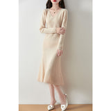 Fongt Cashmeat Dress Women's Autumn And Winter New Set Long Sleeves Leisure Long A Dress Wool Knitted Long Dress