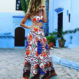 Fongt Spring And Summer New Women's Sexy Temperament Sling Print Dress Set Beach Dress Two