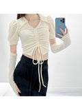 Fashion Casual Vintage Solid Removable Sleeves V-Neck T Shirt For Women New Streetwear Basic Female Sexy Slim Crop Top