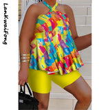 Summer New Hanging Neck Off Shoulder Top and Shorts Two Piece Women's Loose Color Print Street Style Casual Set-Outfit