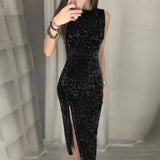 Popular Nightclub Sexy Dress Dress Irregular Sequin Forked Dress-Outfit