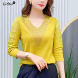 Autumn Hollow Out Lace Pullovers for Women T-Shirt 2023 New Elegant Fashion Temperament Diamonds Chic Long Sleeve