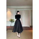 Fongt Fashion Suit Pure Color Shoulder Five-Sleeve Top In Autumn Waist French Black Dress
