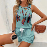 Fongt Summer New Feather Printed Casual Fashion Round-Neck Shorts Set For Women
