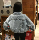 2020 Spring And Autumn New Back Open Fork Diagonal Buckle Loose Short Denim Jacket Women's College Wind Jacket Jacket-Outfit