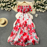 Fongt New Flower Series Holiday Dress Women's Lotus Leaf Side Shoulder-Repair Long Chiffon Fairy Dress