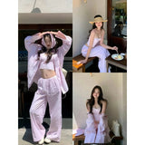 Fongt Wind Relaxation Long-Sleeved Sunscreen Shirt Sling High Waist Hanging Feeling Thin Leisure Pants Three-Piece Summer New Summer