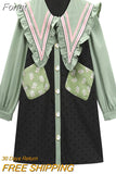 Style Women 2023 Autumn Patchwork Dress Sleeve Doll Collar Dress Dresses Vintage Loose A-Line Dress Preppy Style