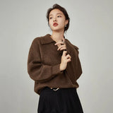 Women Winter Retro Warm V-neck Temperament Pullover Sweater Loose Apricot Outer Sweater Women Grey Commuter