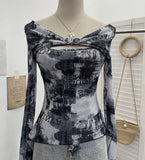 Fongt Shooting Strapped With Hollow Retro Print Long-Sleeved Mesh T-Shirt Ribbon Design Spring And Summer Top 1195