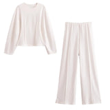 Fongt 2025 New Women's Double-Sided Cloth Round-Neck Long-Sleeved Coat Elastic Casual Trousers Set