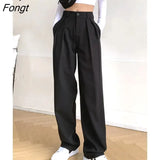 Chic Long Ladies Suit Pants High Waist Button Women Wide Leg Trousers Spring Summer Pantalon