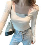 Fongt Square Collar Embroidered Long-Sleeved T-Shirt Women's Fall 2024 Versatile Slim Short Crop Bottom Shirt Slim
