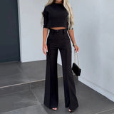 Fongt 2024 New Solid Color Short Slim Jacket High Waist Straight Trousers Suit Female-Outfit
