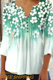 Floral Print Summer Blouse Women Elegant Simple Shirt V Neck Button 3/4 Length Sleeve Casual Holiday Basic Tops