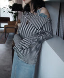 Gray Contrast Striped Tee Shirt Autumn New Lapel Neck Off Shoulder T-shirts Y2k Grunge Long Sleeve Tops Graphic T Shirts-Outfit
