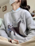 Fongt Academy Wind Knitted Sweater Woman Design Sensing Cat Pattern Lazy Small Knitted T-Shirt Winter