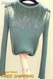 Diamonds Thin Knitted Sweater Female Hollow Out Sweaters Women 2023 Autumn Sexy Tops Bright Wire Pullover Woman