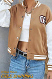 Harajuku Oversized Varsity Jacket Baseball Women Patchwork Autumn Winter Letter Print Long Sleeve Khaki Oversized Coat