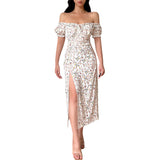 Fongt Bohemian Floral Bosom Long Dress French High-Waisted Fork-Repair Temperament Shoulder