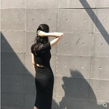 Fongt / Summer 2024 New Korean Version Ins Wrap Hip Skirt Sexy Medium Long Slit Short Sleeve Back Bottom Dress