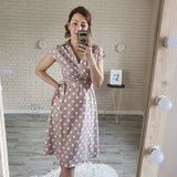 Casual A line Dot Printing V neck Lace Turn Down Collar Off the shoulder Mid Dress Pink2021 New Fashion Sexy Summer