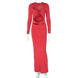 Summer Women's Fashion Hollow Out Solid Color Long Sleeve Slim Crop Sexy Dress-Outfit