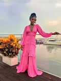 Fongt 2025 Elegant Splicing Long-Sleeved V-Neck Dress Women's Dress