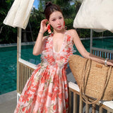 Fongt Photo Summer Embroidered Red Lily Flower Wings Hanging Neck Back Dress Dress-Outfit