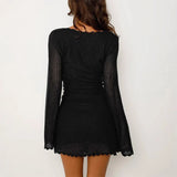 Fongt Women's New Knitted Tying Dress With Long Sleeves And Hip Mini Skirt