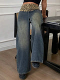 Fongt Splicing Retro Leopard-Print Broad-Legged Pants Jeans Women's Niche To Make Old Loose Breathable Straight Pants