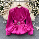 Fongt French-Style Waist-Low-Down Shirt Female Careful Machine Strap Design With A Chic Folded Lotus Leaves Hem French Top