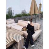 Fongt New Fashion Black Long-Sleeved T-Shirt Blouse Simple Sister Temperament Trousers Two Sets