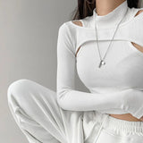 Fongt And Autumn Women's Wear Carefully Machine Hollow Open Shoulder Bottom Shirt Slim Fake Two Short