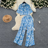 Fongt Light Style Suit Women's Fashion With Loose Short Print Shirt + High Waist Display Thin Leg Slacks
